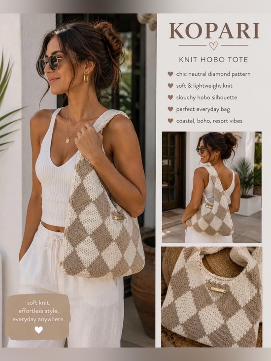 Kopari Handbags - Kopari Knit Hobo Tote Neutral Diamond Pattern Boho Coastal Resort Shoulder Bag